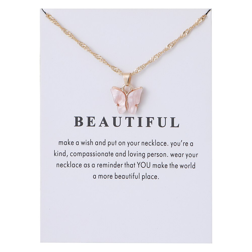 Cute Butterfly Pendant Necklace for Women Jewelry: white card pink