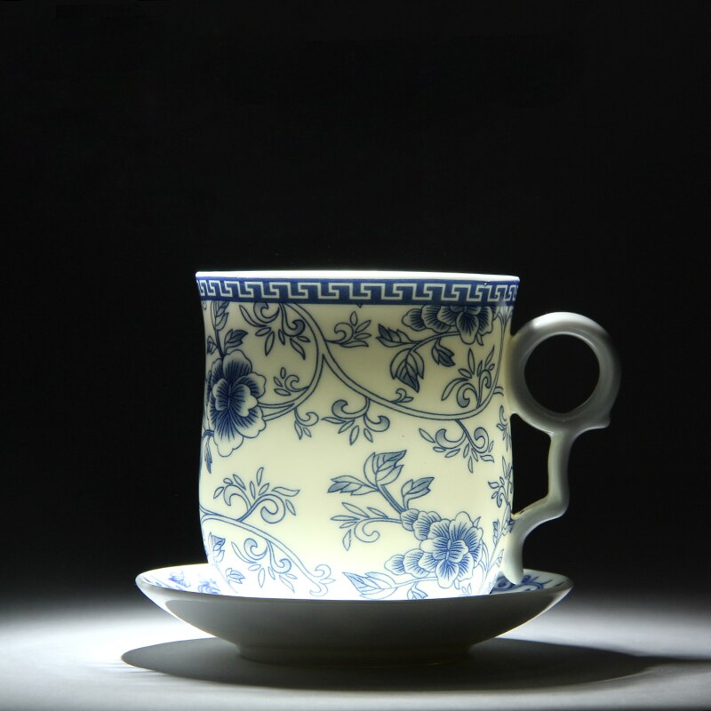 Retro kinesisk blå hvid porcelæn te kop sæt med underkoplåg infuser 260ml keramiske tekop med te filter