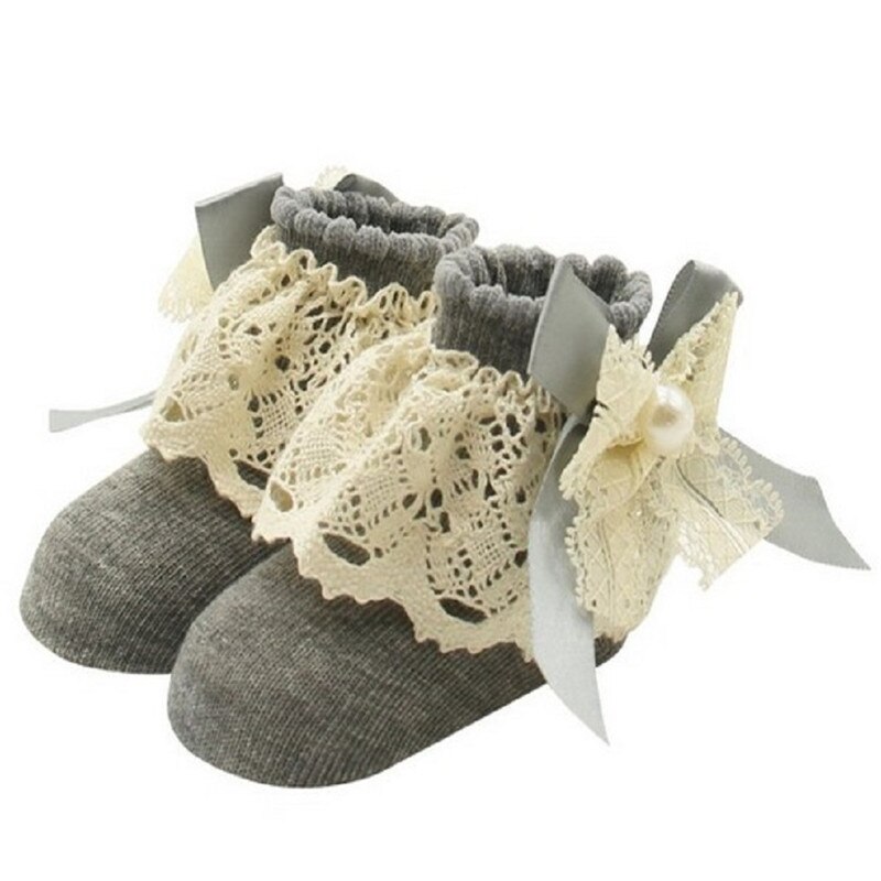 Miúdos bonitos Do Bebê Meninas Lace Ruffle Folhos Ankle Bow Meias Princesa Meias de Algodão Meias Curtas: Cinza