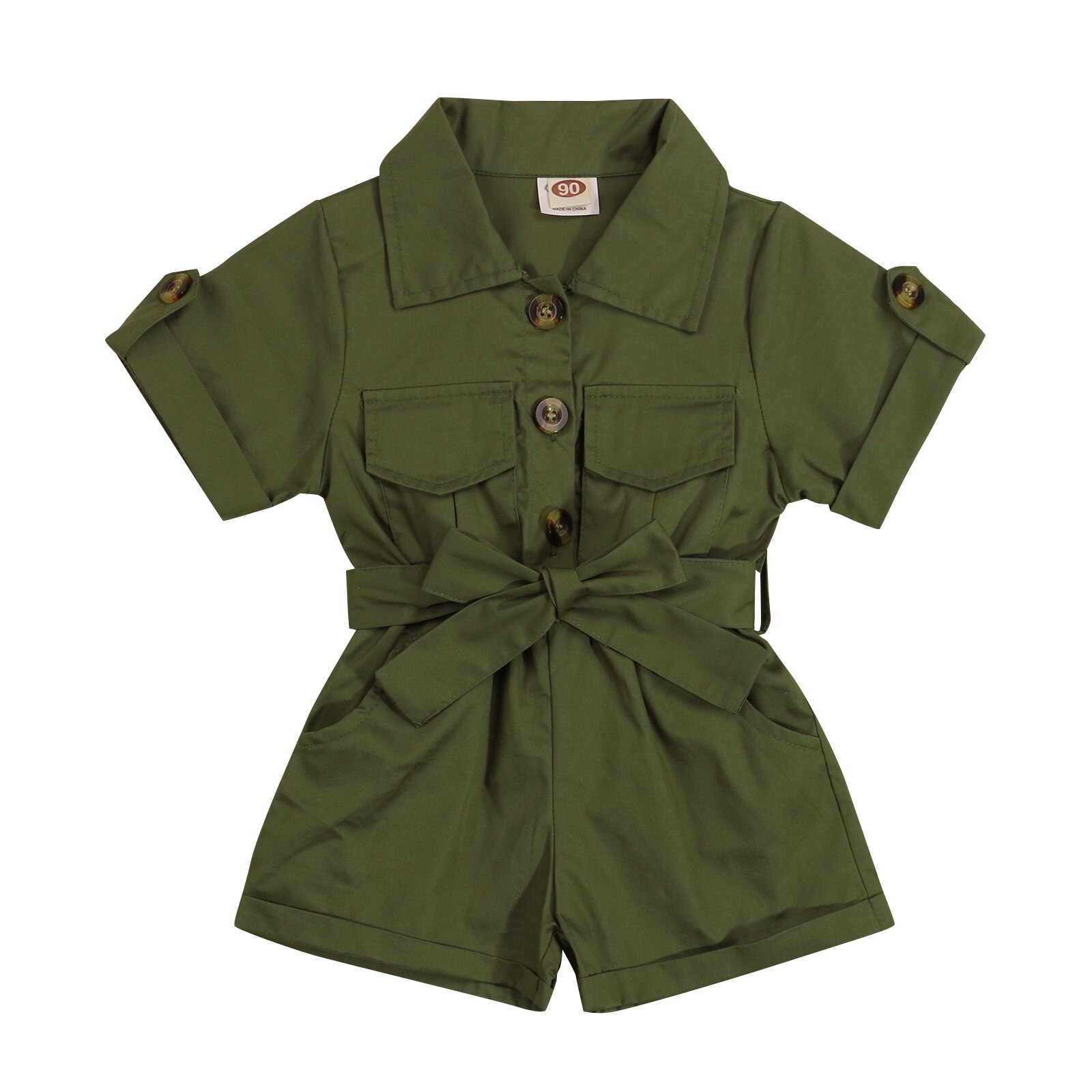 Vêtements d'été pour bébés filles de 1 à 5 ans, salopette à boutons à revers à manches courtes, Style outillage, tenues: vert militaire / 4T