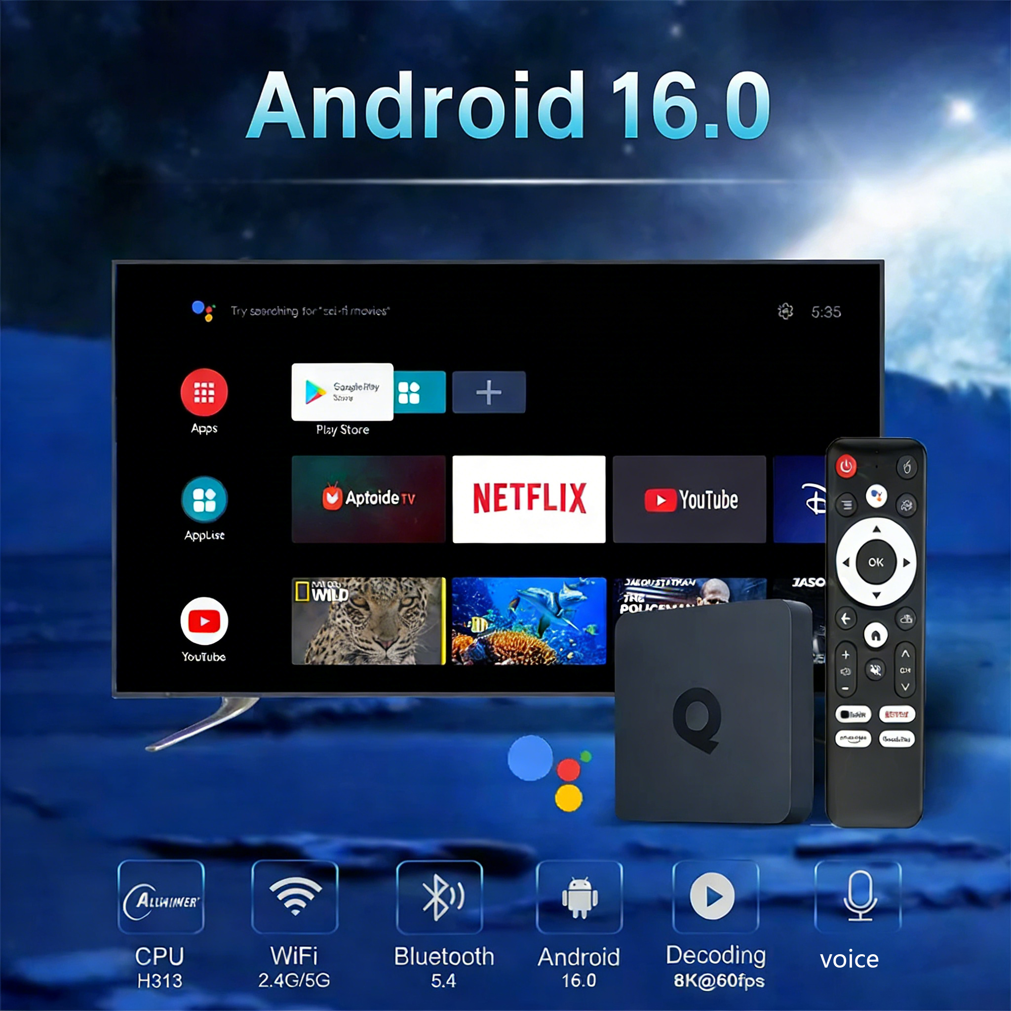 Box TV Android16 Smart Q1 8GB+256GB Allwinner H313 con Assistente Google, Video 8K, Bluetooth 6.0, Lettore Multimediale Ultra Veloce