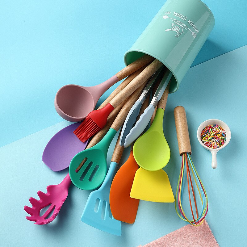 12 Stks/set Food Grade Siliconen Koken Gereedschap Keuken Non-stick Ei Kloppers Spatel Keukengerei Huishouden Houten Handvat Item