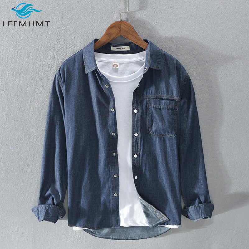 Wiosna jesień moda męska Solid Color z długim rękawem niebieska koszula dżinsowa męski Japan Style wysokiej jakości prosty Casual Slim Fit Top bawełniany
