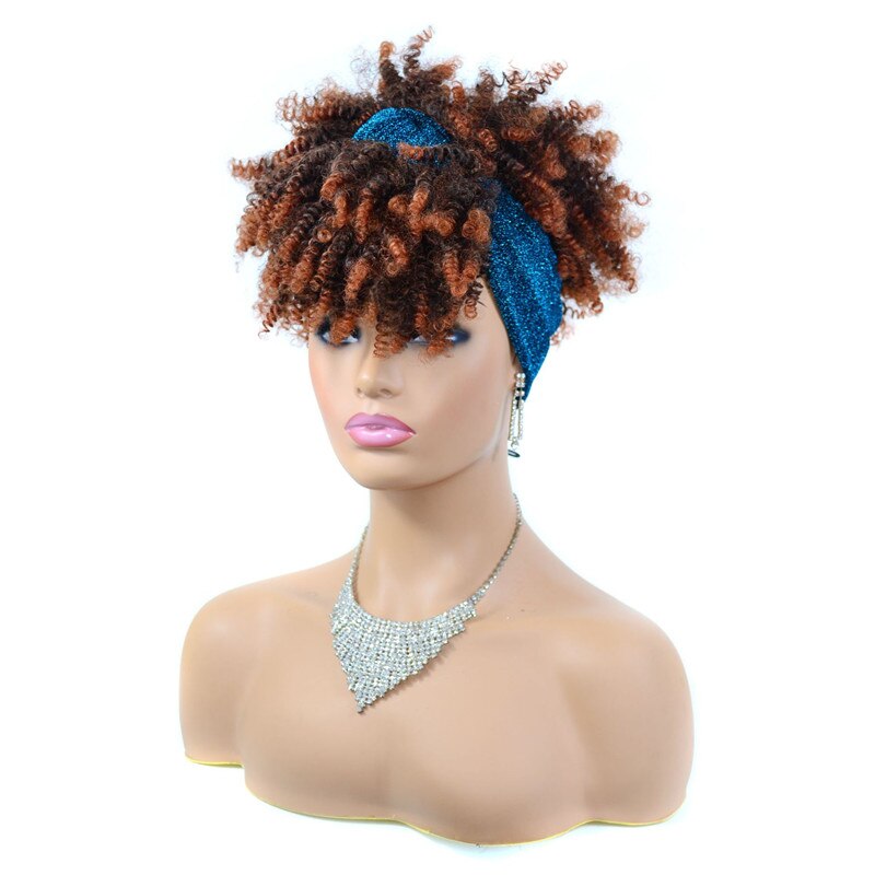 Korte Afro Kinky Krullend Tulband Wrap Pruiken Voor Zwarte Vrouwen Ombre Trekkoord Hoofdband Pruik 10 "Afro Bladerdeeg Haarband Pruik gember Blonde: T1B/30