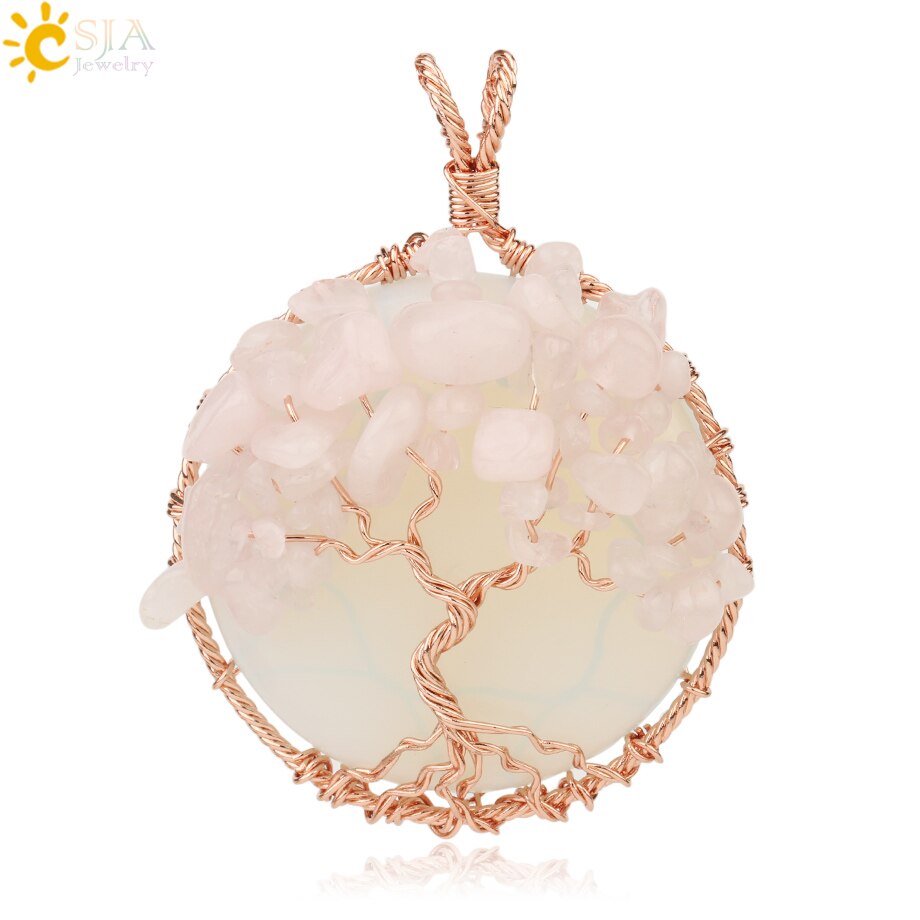 CSJA Natural Cabochon Stone Tree of Life Pendant Rose Gold Color Wire Wrap Chip Bead Wisdom Tree Healing Women Men Necklace G193: Opal