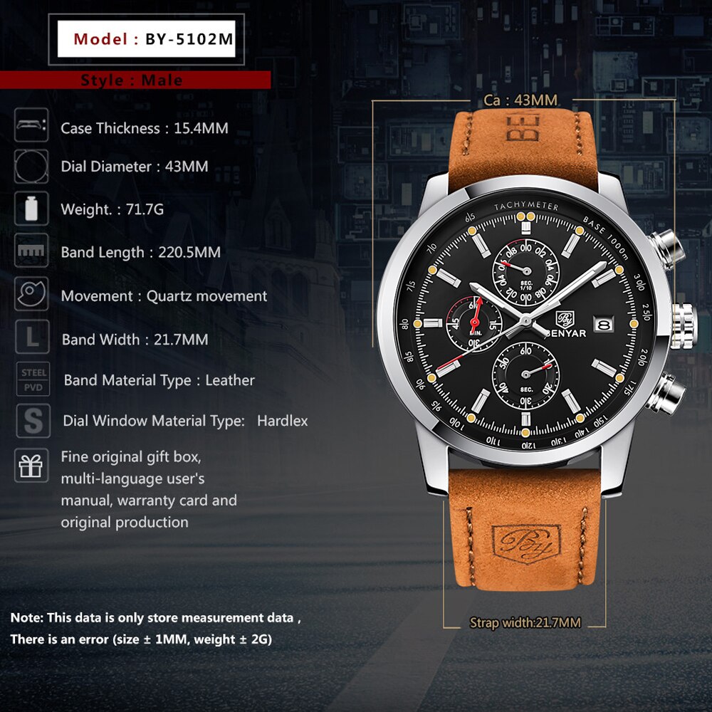 BENYAR moda chronograf sportowe męskie zegarki Top marka luksusowy zegarek kwarcowy Reloj Hombre Saat zegar męski godzina Relogio Masculino