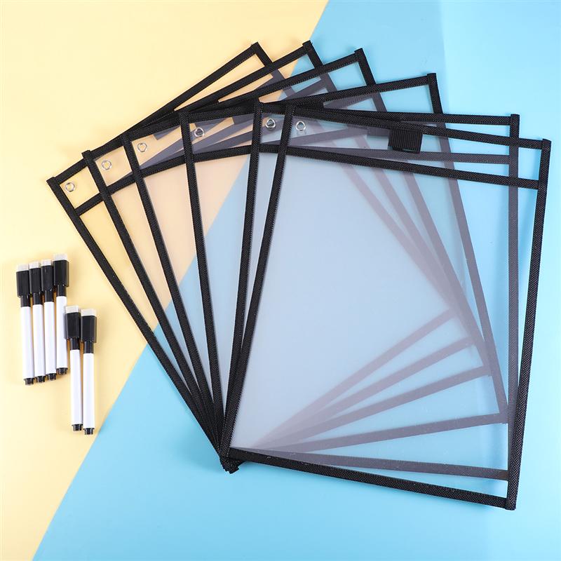 6PCS Reusable Clear PVC Dry Erase Pockets Sleeves with 6PCS Pens for Office Classroom Organization Teaching Supplies (Black)