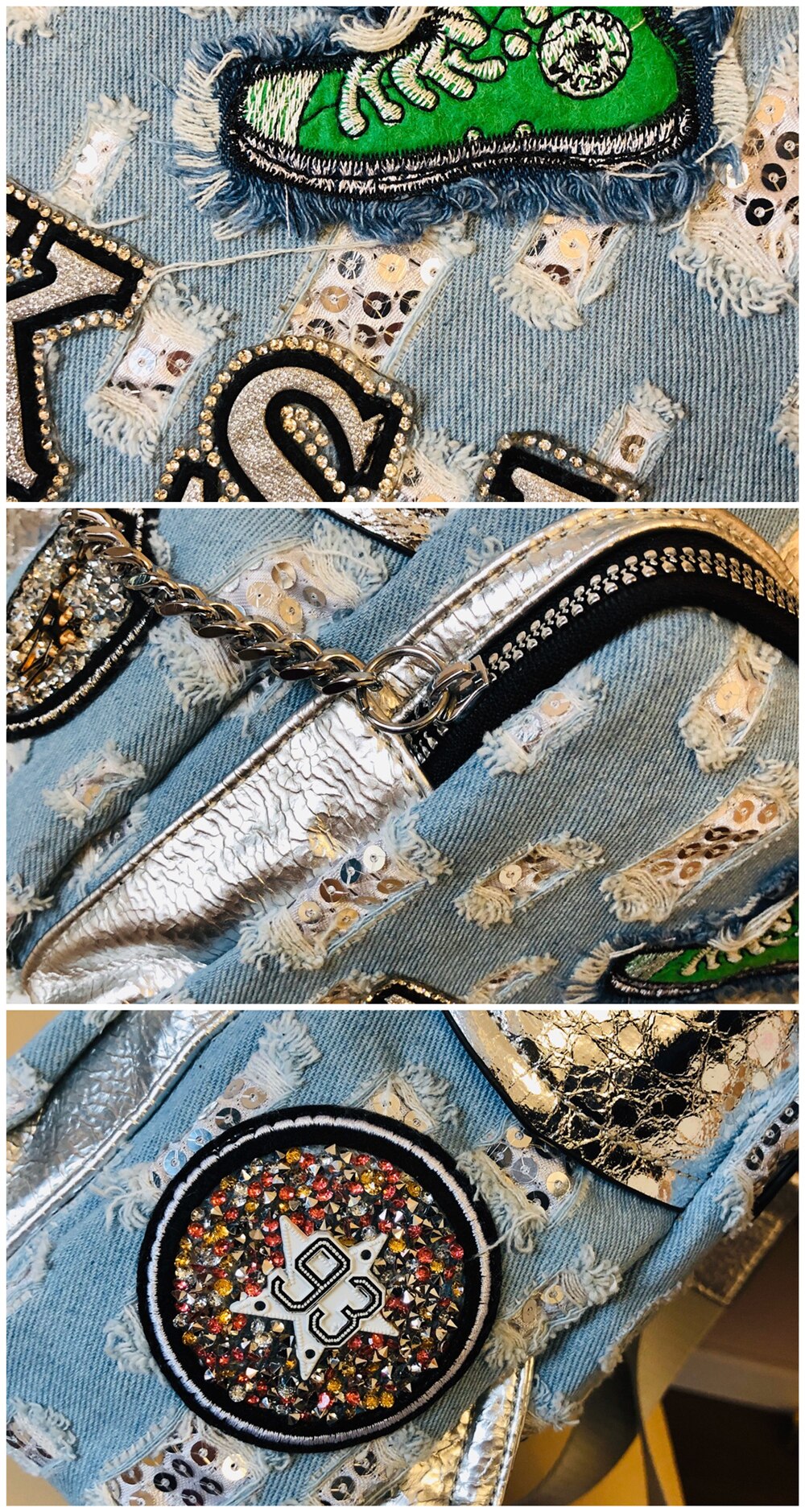 Damen-Rucksack aus lässigem Denim mit schimmernden pailletten Ich bin koreanischen stil, Ideal für Höhle alltag und als accessoire mit aufnähern und abzeichen.