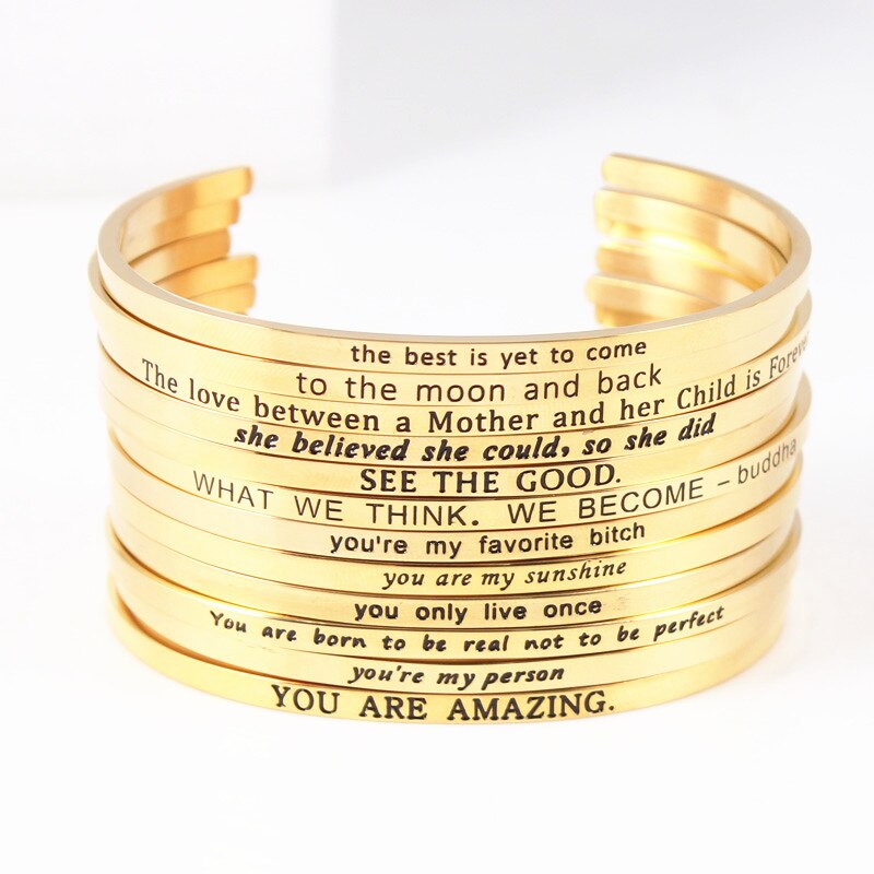 Trend Quotes Mantra Bracelets 316L Stainless Steel Open Cuff Bangle Women Gold Inspirational Jewelry Bracelets