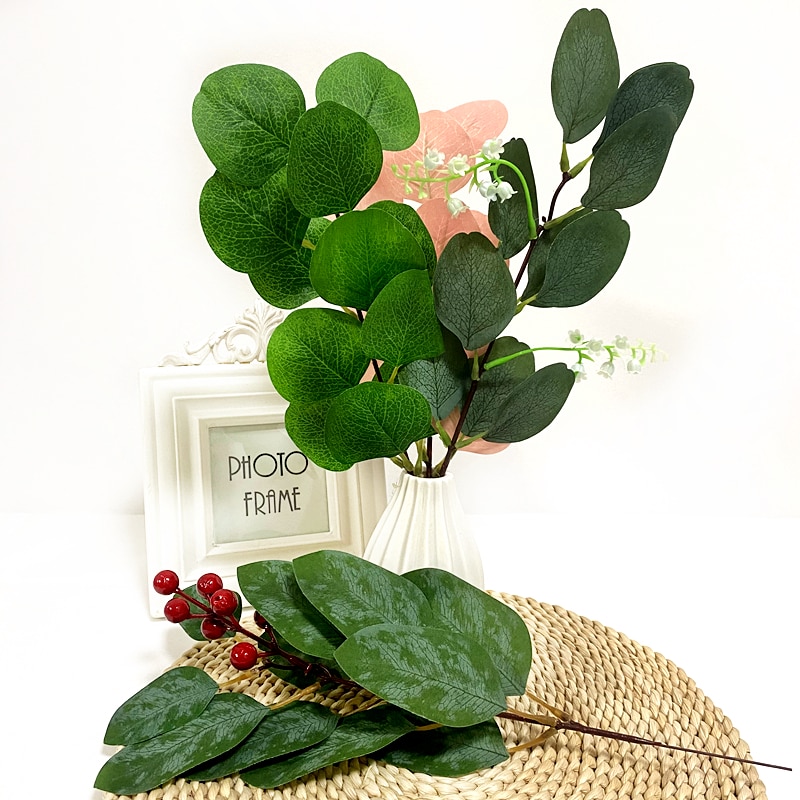 1 pçs folhas de eucalipto artificial hastes ramos eucalipto plantas artificiais para buquês de flores decoração do feriado do casamento vegetação