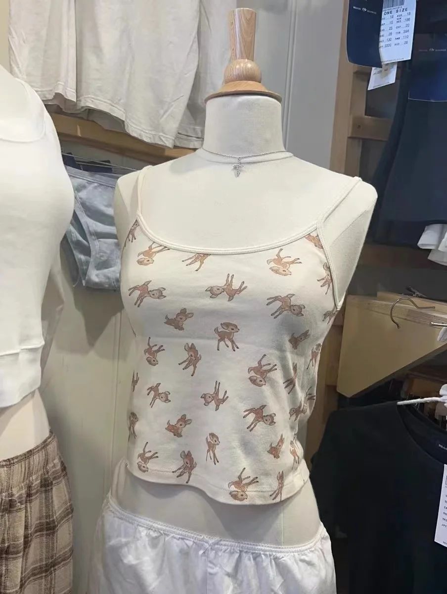 Söt liten hjorttryck smal crop top kvinnor sommar bomull ärmlös beskuren linne harajuku avslappnad söt linnen  y2k: Svart