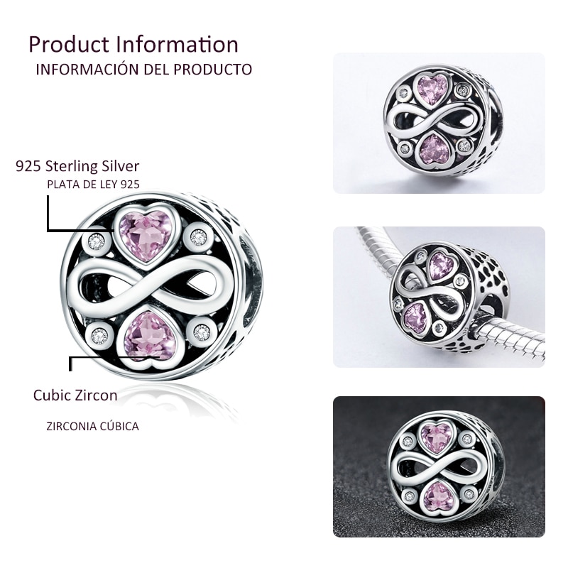 925 Sterling Silver Love & Friendship, Pink CZ Beads Fit BISAER Charms Bracelets Original Silver 925 Jewelry