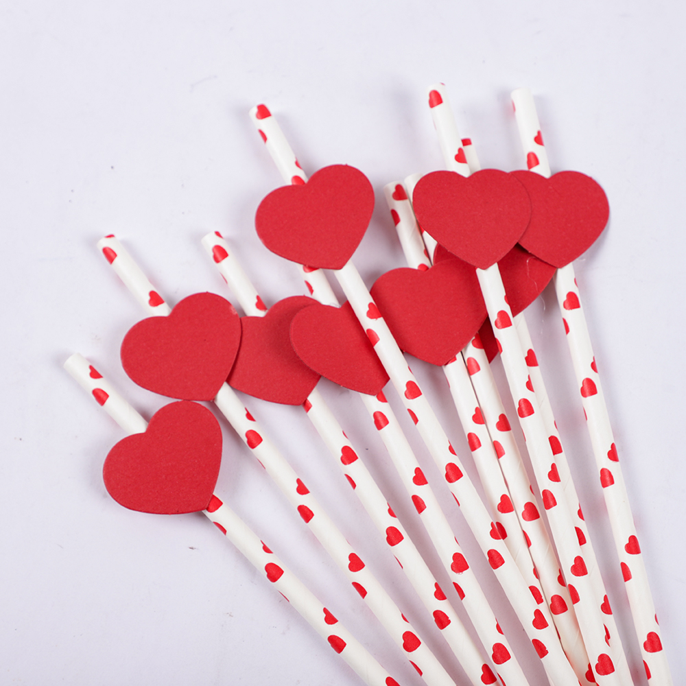 20Pcs Red Love Heart Paper Straws Romantic Wedding Party Straws Tableware Supplies Happy Valentine's Day Party Decoration: Colorful