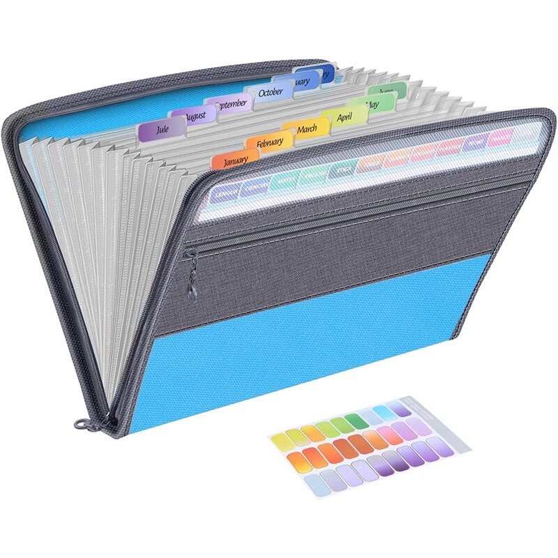 13 Pocket File Folder Storage Rack,File Box Storage Bag,with Zipper, Suitable for A4 Paper, Banknotes,Document Receipt: bluegray