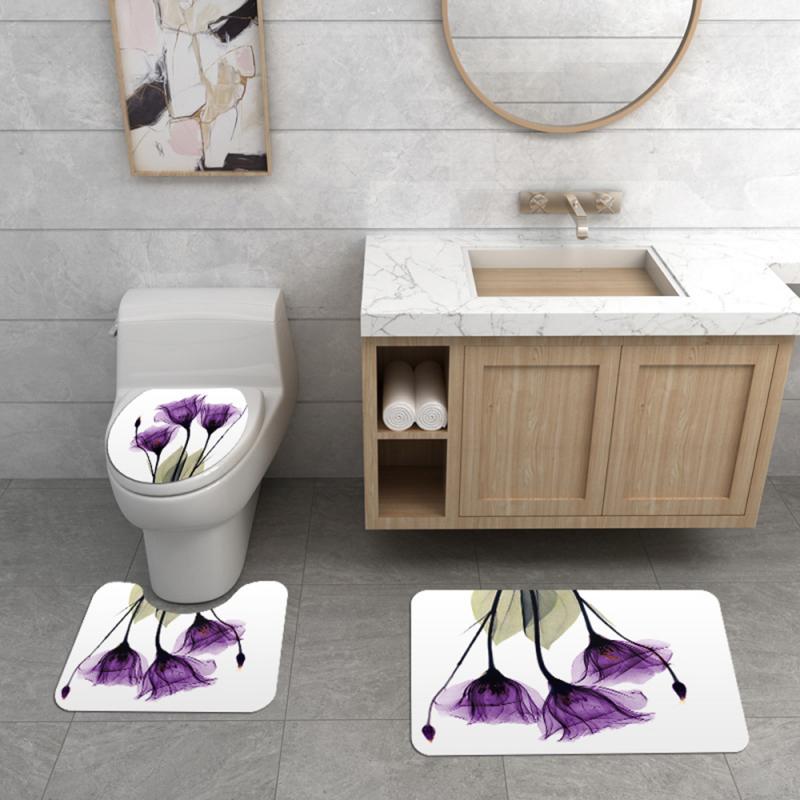 Purple Lotus Shower Curtain Flower Print Shower Curtain Pedestal Rug Lid Toilet Cover Mat Bath Mat Set For Bathroom Decor: 3pcs set