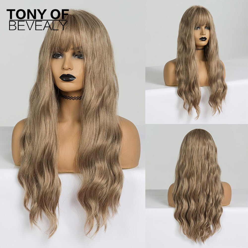 Long Wavy Dark Brown Natural Hair Wigs With Bangs Heat Resistant Synthetic Wigs for Afro Women Daily Cosplay Natural Wigs: lc205-3