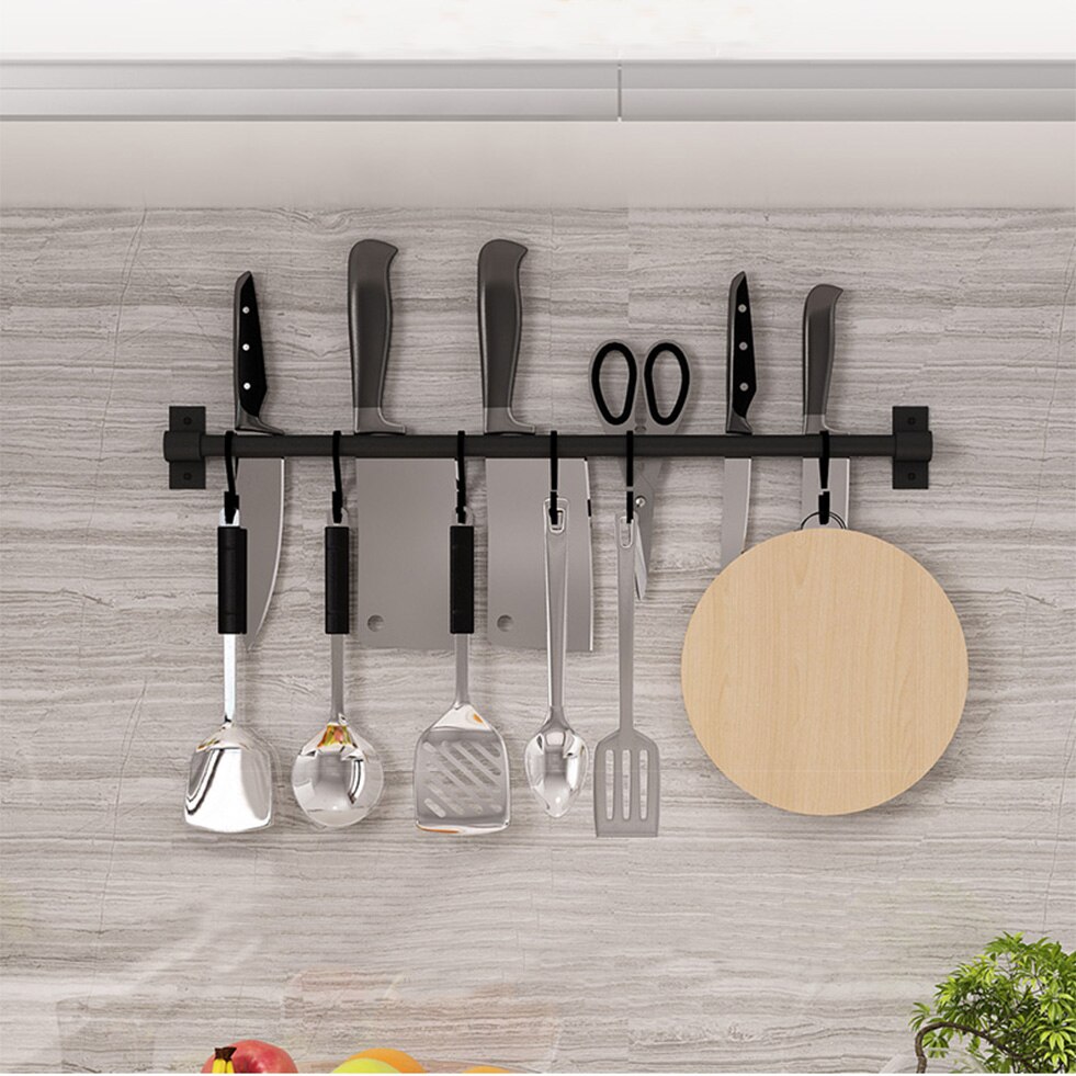 Preto gancho da cozinha rack de parede montado despensa ferramenta titular prateleira da cozinha alumínio despensa barra para utensílios de cozinha utensílio armazenamento rack