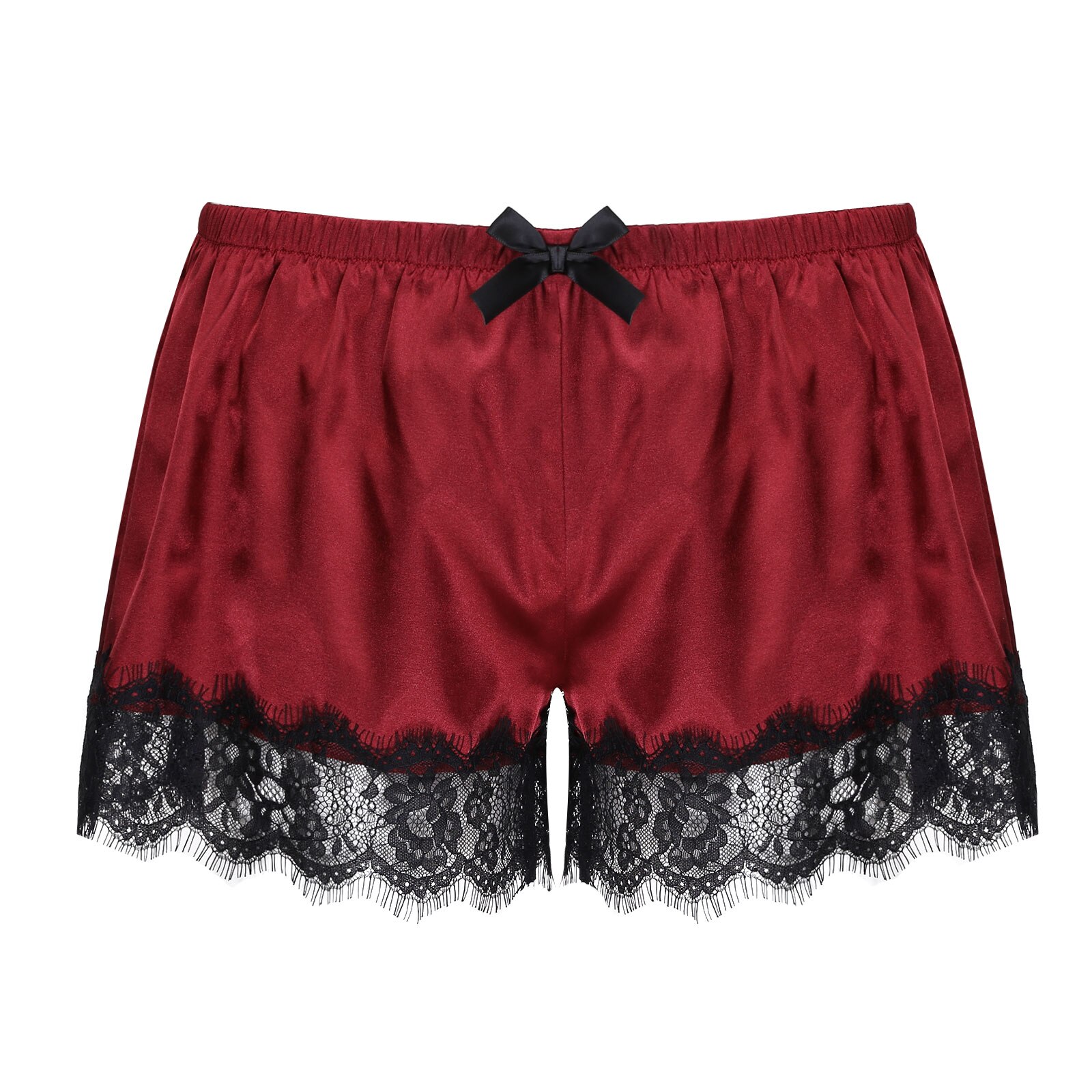 Men Satin Shorts Sleepwear Elastic Waistband Lace Trimming Pajama Pants Nightwear Birthday: Burgundy / M