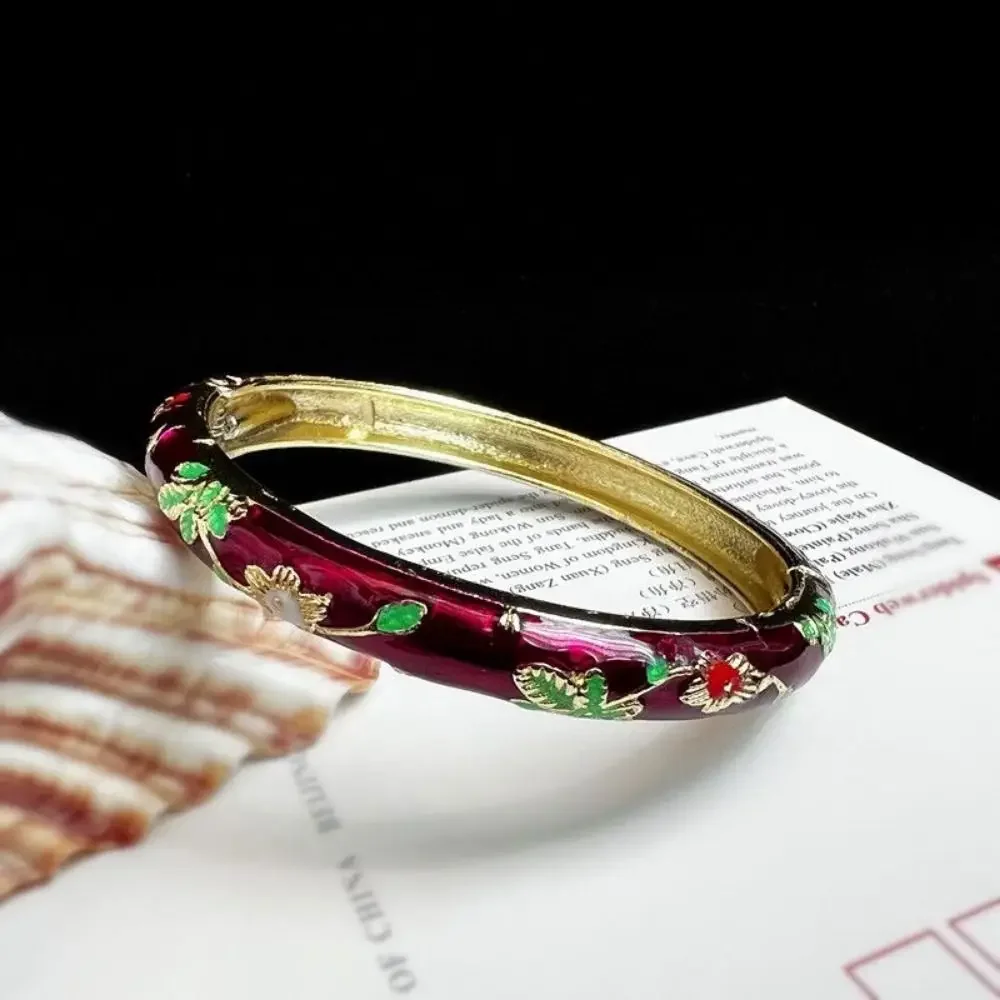 Emalje kinesisk cloisonné armbånd dobbelt armbånd kinesisk pæon filigran blomst armbånd traditionel vintage håndarmbånd: Ren guldfarve