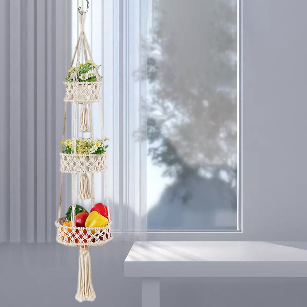 Cesto di frutta appeso Macrame a 3 livelli per cucina appeso amaca di frutta per cesto portaoggetti da parete per organizzazione di verdure, Boho Decor