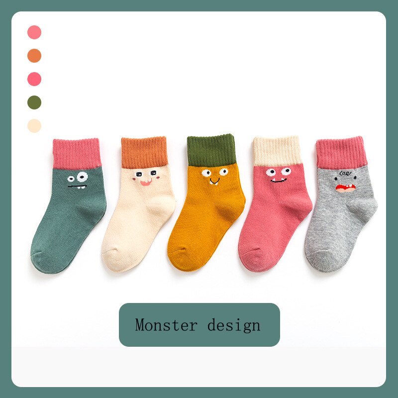 5 paar/partij kindersokken van katoen herfst/winter jongens meisjes warme sokken in cartoon streep zachte antislip kindersokken: Monsterontwerp / M(3-5y)