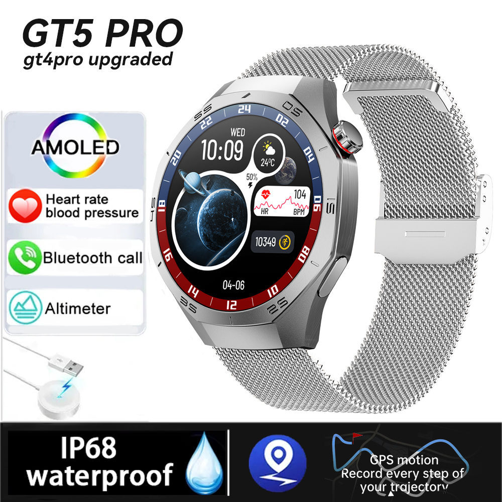 Gt 5 pro smartwatch masculino tela amoled gps esportes bluetooth chamada freqüência cardíaca oxigênio no sangue ao ar livre à prova dwaterproof água smartwatch 2025 novo: Vermelho