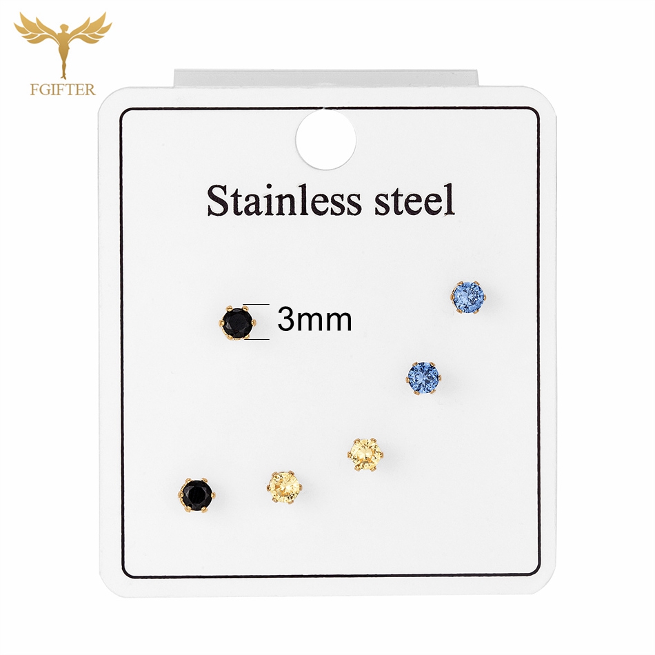 Juego de 3 pares de pendientes de cristal de acero inoxidable para mujer, aretes geométricos de circonita cúbica, joyería para Piercing de lóbulo de Color dorado y plateado