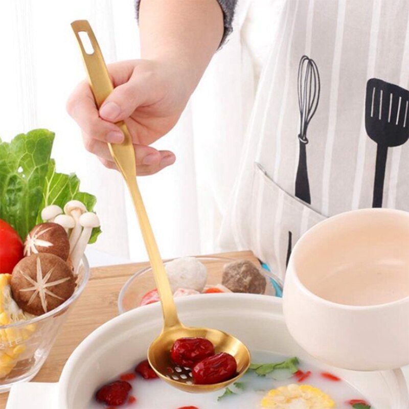 Juego de colador de cazo de sopa de oro, cuchara de servir de utensilios de cocina de acero inoxidable con mango largo, para utensilio de cocina (2 uds)