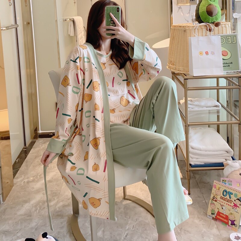Trykt bomuld barselspleje nattøj 3 stk/sæt pyjamas jakkesæt tøj til gravide graviditet sove lounge wear hjemmetøj