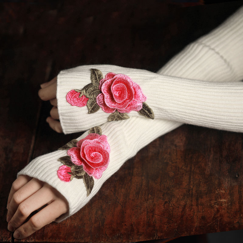Wonens Embroidery Gloves Punk Womens Long Winter Fingerless Gloves Womens Long Winter Fingerless Gloves