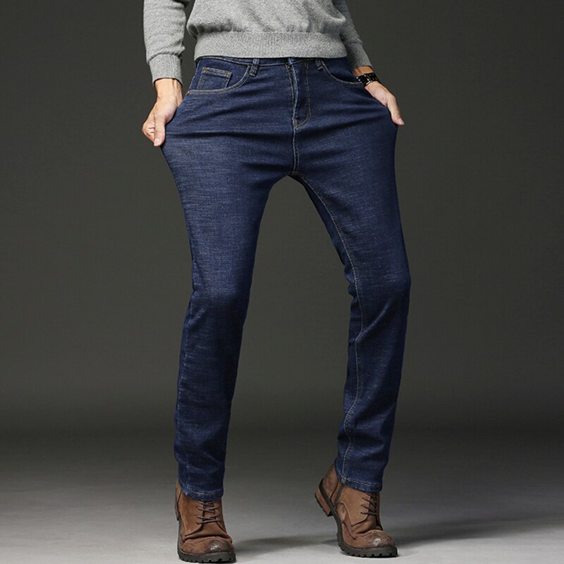 Vinterjeans mænd sort slim fit stretch tykke fløjlsbukser varme jeans afslappede fleecebukser herre plus size tøj