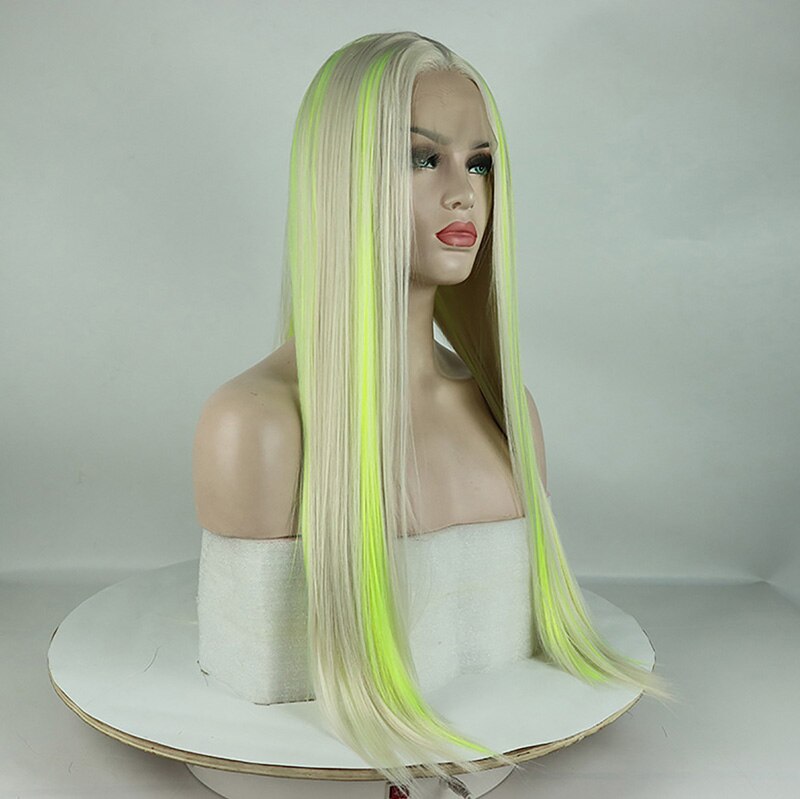Fantasy Beauty, Top de , peluca sintética con reflejos Rubio, amarillo, verde, peluca con malla frontal de colores combinados, peluca con malla frontal para mujer