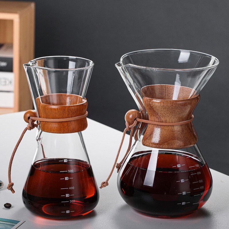 Olla de vidrio para café hecha a mano resistente al calor, juego de filtros para compartir mango de madera, adecuado para el hogar y la Oficina, 400/600/800ML