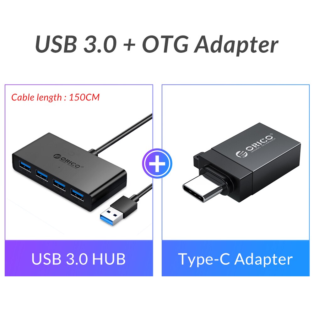 ORICO-HUB con 4 puertos USB 3,0, divisor, adaptador OTG de alta velocidad para ordenador, portátil, accesorios con puerto de alimentación Micro USB múltiple: 150 CM add Adapter