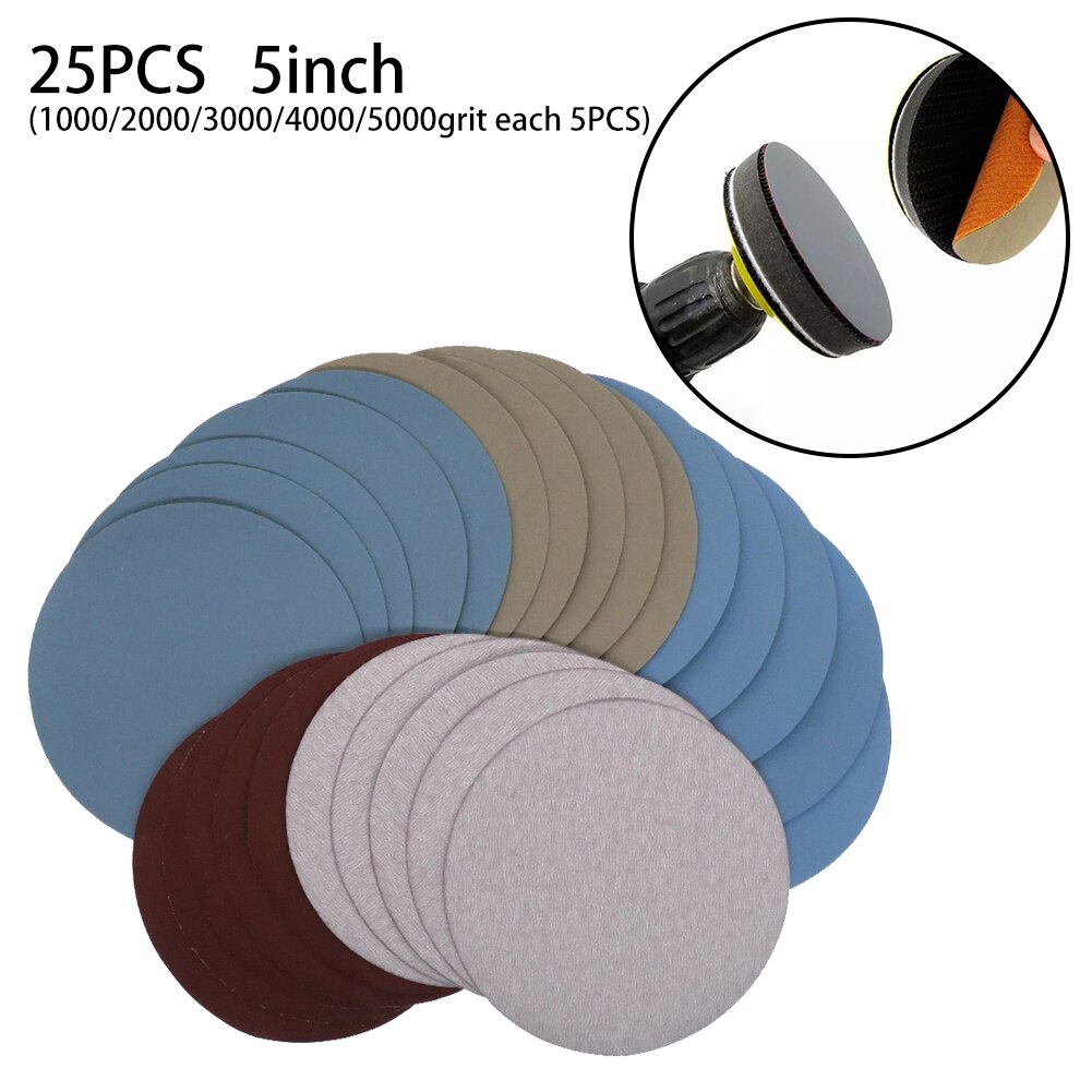 25PCS Set 5Inch Sanding Discs Hook Loop Sandpaper 1000 /2000/3000/4000/5000Grit For Mahogany Furniture