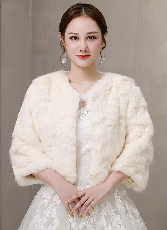 Three Quarter Sleeve Ivory Formal Party Evening Jackets Wraps Faux Fur Wedding Capes Winter Women Bolero Shawls: Default Title