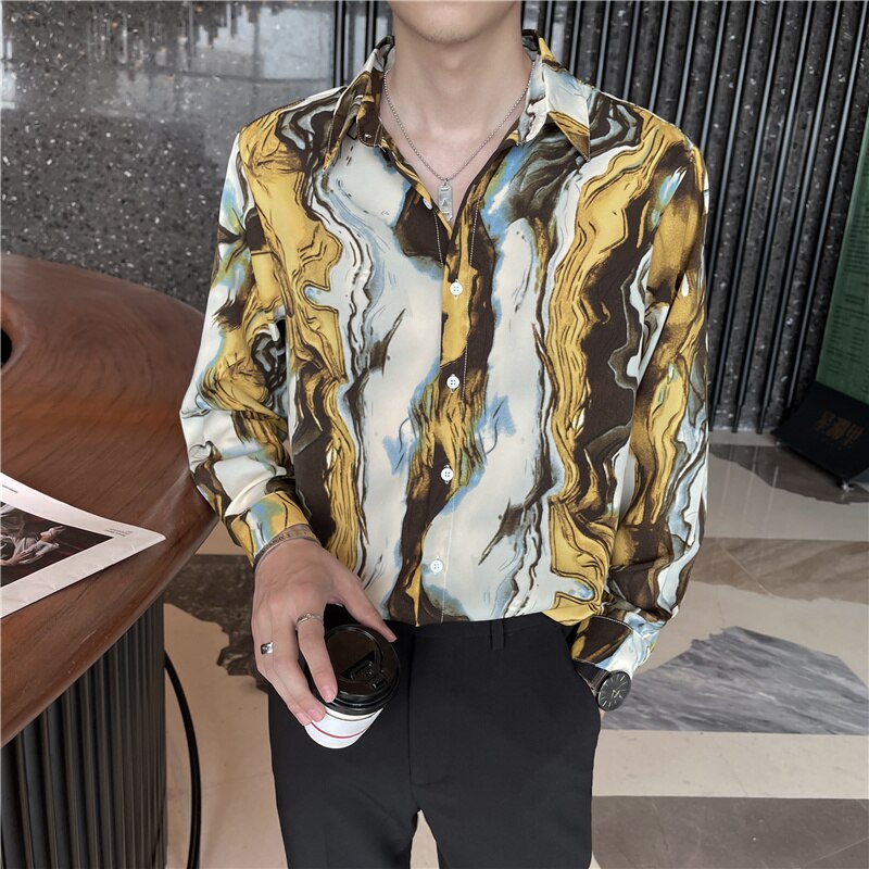 Camisas holgadas con estampado de arte a rayas para hombre, camisa informal de manga larga, ropa de calle de gran tamaño, blusa de esmoquin para Social, 2022
