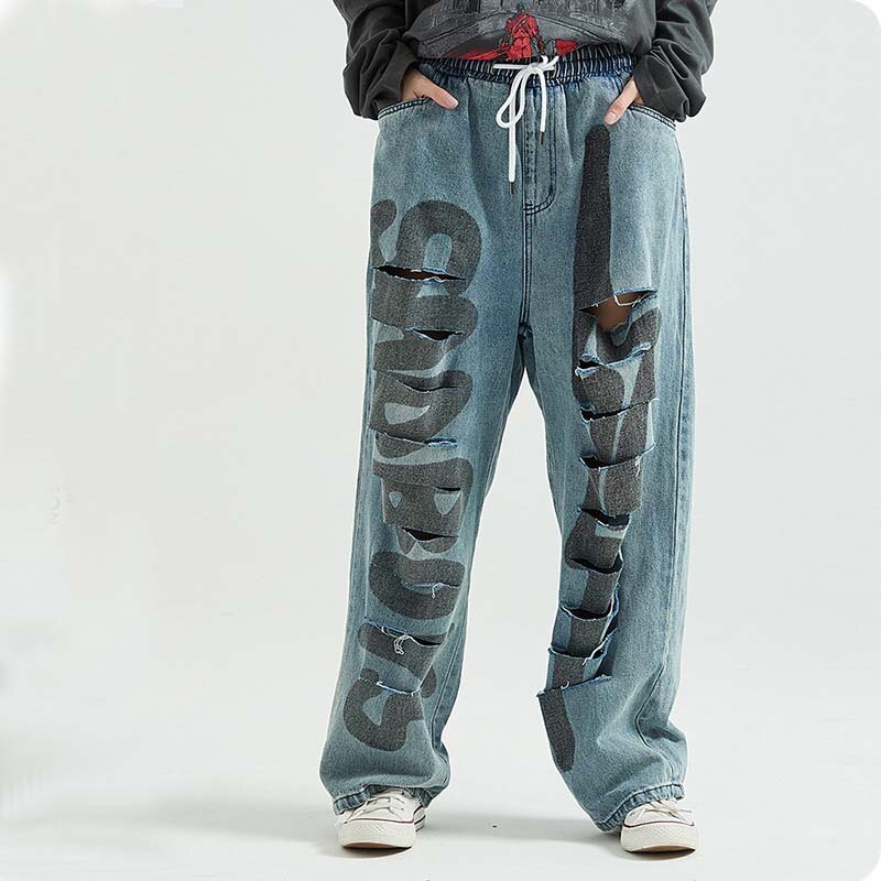 Graffiti letter print casual baggy denim jeans hip hop hipster streetwear hulbukser mænd punk rock bukser mand nf -nb47