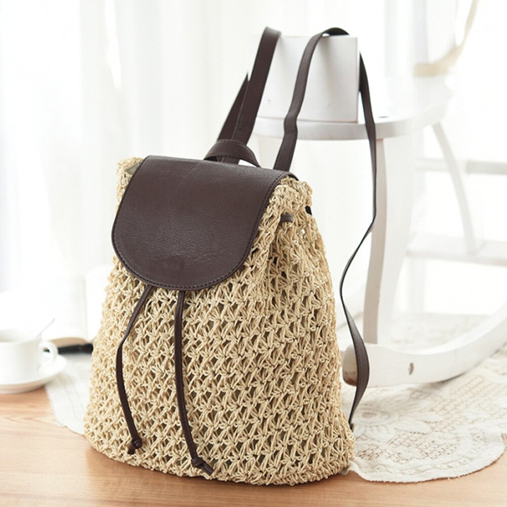 Women's Backpack Crochet Paper Rope Braided Drawstring Women's Straw Backpack Summer Travel Outing Ladies Woven Backpack