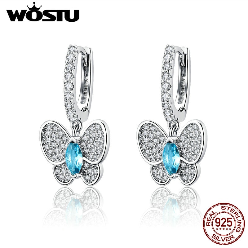 Wostu Echt 925 Sterling Zilver Dazzling Blauwe Vlinder Leuke Oorbellen Voor Vrouwen Luxe Zilveren Sieraden CQE513