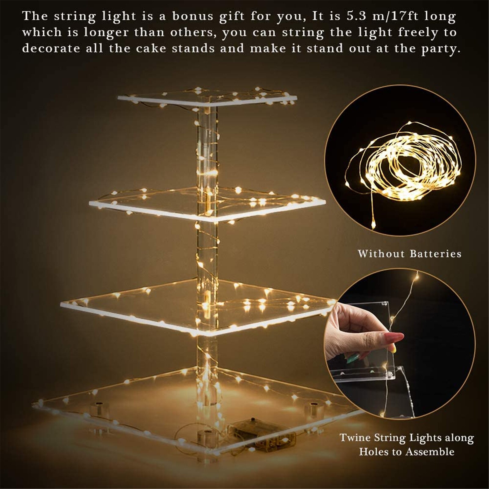 4-nivel de soporte de placa de la torta de luz LED de cadena de acrílico soporte de exhibición para magdalenas titular decoración para de boda pastel herramienta