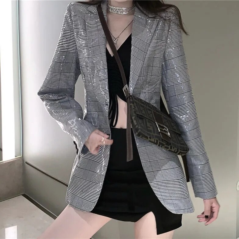 Hstar – petit costume de rue à paillettes pour femme, Blazer ample, coréen, nouvelle veste drapée, bureau, printemps-automne, 2022
