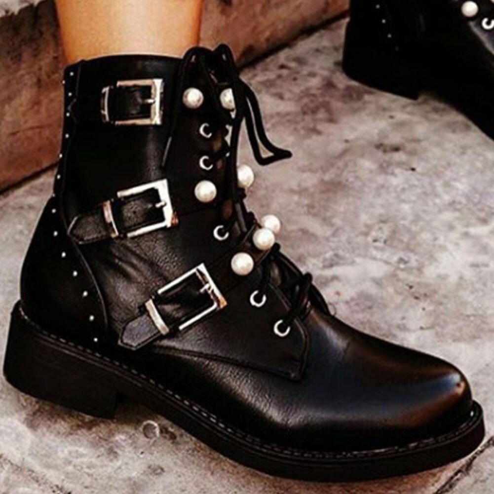 RIBETRINI, punta redonda, plataforma para mujer, zapatos gruesos, hebilla de negra, botines de perlas para mujer, botas de invierno de