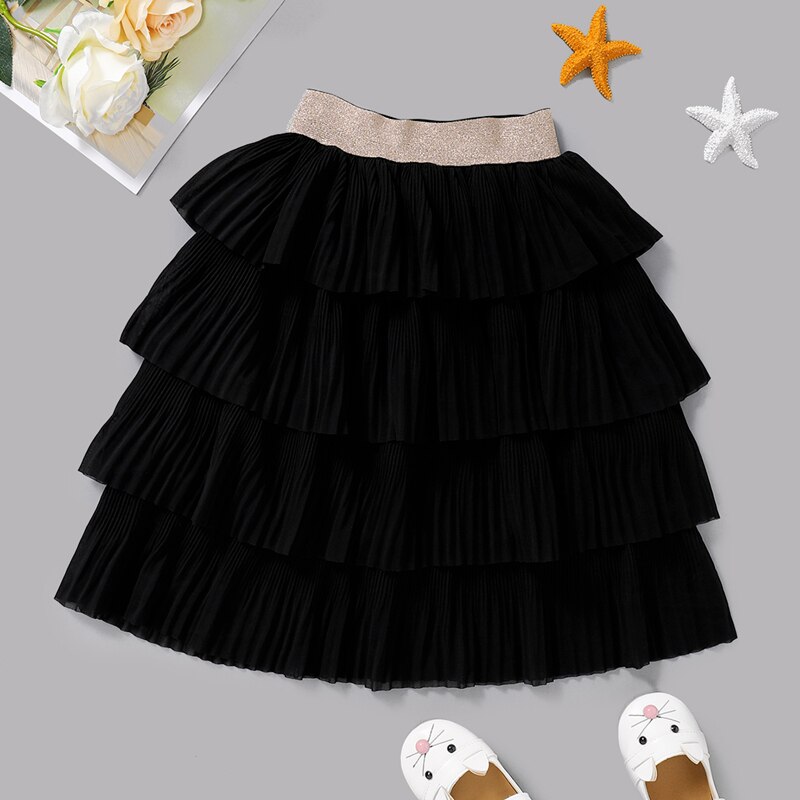 Meisjes Zwarte Gelaagde Rok Kids Effen Kleur Elastische Taille Geplooide Zoom Een Stuk Voor De Zomer/Lente/Herfst 18 Maanden-6 Jaar