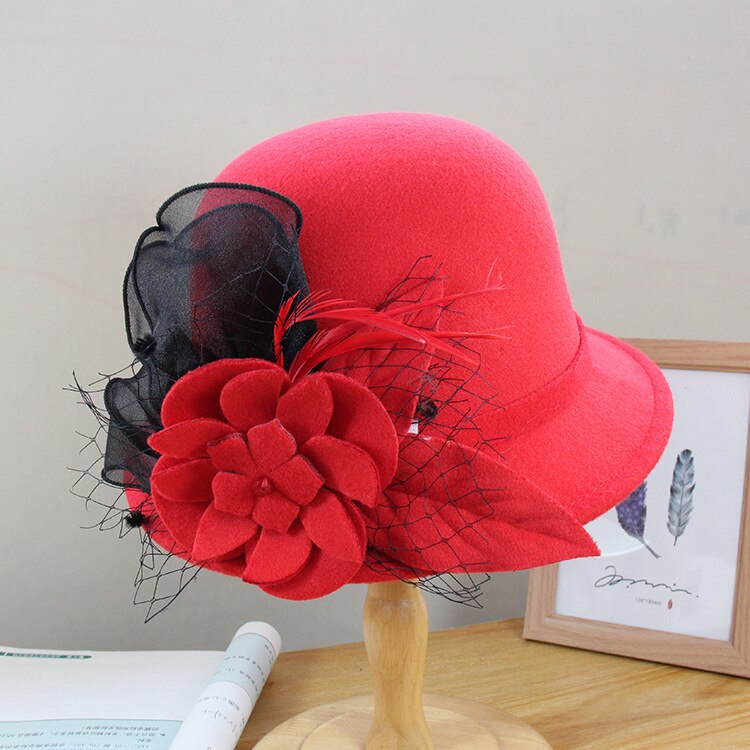 Sombreros de novia Vintage con flor de lana, tocado de pelo , sombrero de noche, velo de novia, accesorios de boda,