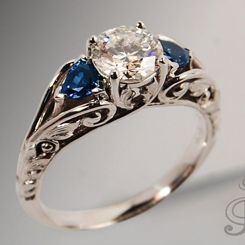 Double Fair Vintage Pattern Blue Stone Four Claws Zircon White Gold Color Engagement Rings For Women Jewelry KBR110