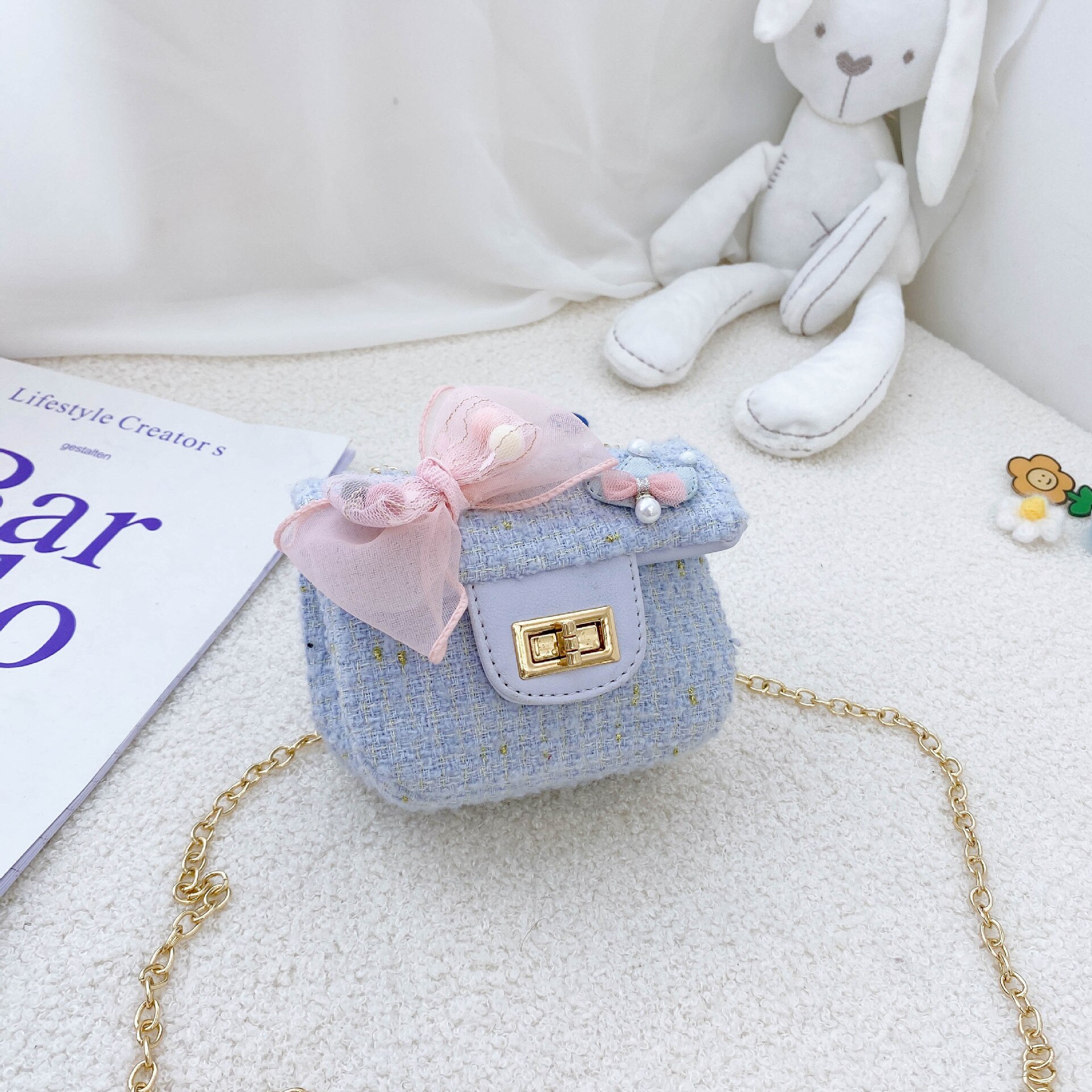 Korean Style Western Style Woolen Cherry Crown Bow Princess Girl Children Mini Crossbody Bag Women: Bow Blue