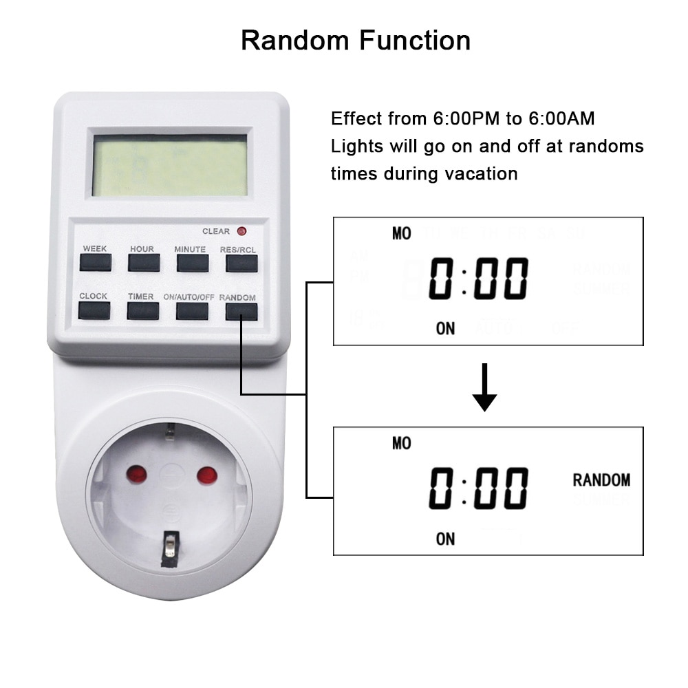 AC 230V Digital Time Switch Programmable Timer Switch Electronic Timer Socket Outlet with Random/Sumer Time Function