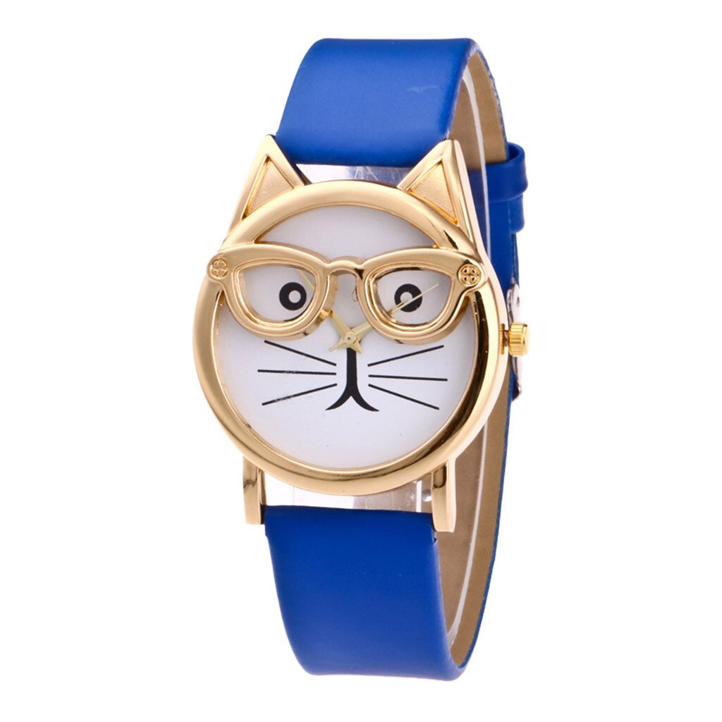 Casual Lovely Cat With Glasses Strap Dial Women's Quartz Watch часы женские horloge dames zegarki damskie: Blue 
