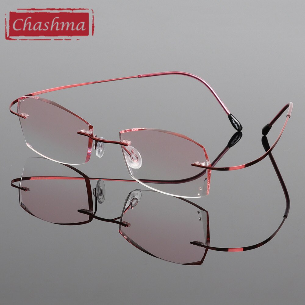 Chashma B Titan Modische Dame Brillen Diamant Getrimmt Randlose Spektakel Rahmen Frauen Brillen Rahmen Farbton Linsen: rot